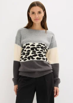 bonprix bonprix Jersey oversize Gris jaspeado/antracita con estampado de leopardo Online