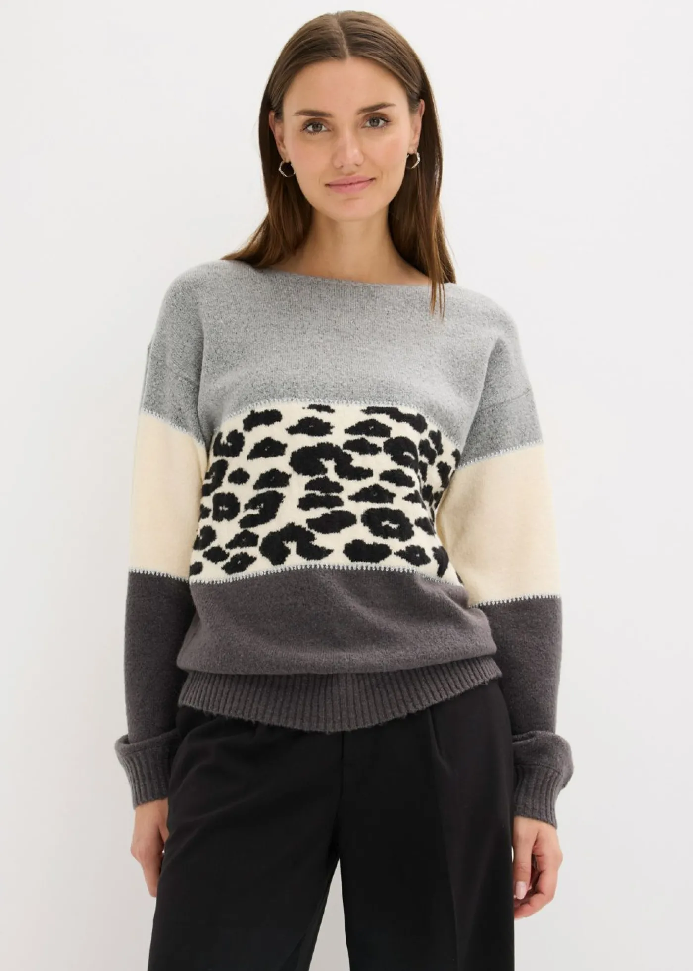 bonprix bonprix Jersey oversize Gris jaspeado/antracita con estampado de leopardo Online