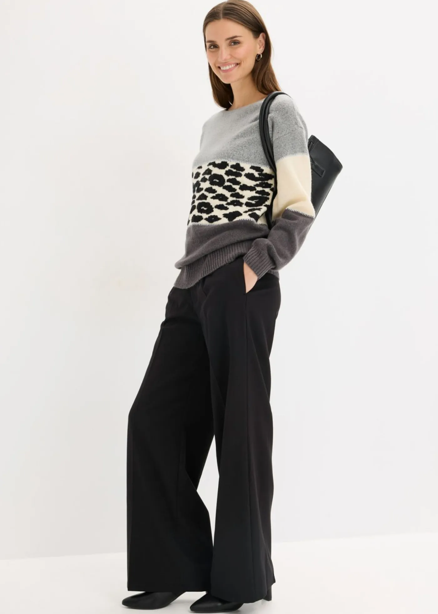 bonprix bonprix Jersey oversize Gris jaspeado/antracita con estampado de leopardo Online