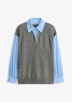 bonprix bonprix Jersey sin mangas con inserto de blusa y contenido de algodón gris jaspeado-azul claro Outlet