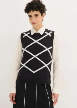 bonprix bonprix Jersey sin mangas de hilo suave Negro-blanco lana Online