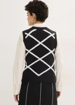 bonprix bonprix Jersey sin mangas de hilo suave Negro-blanco lana Online