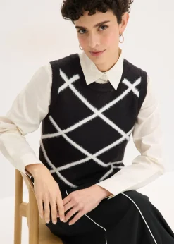 bonprix bonprix Jersey sin mangas de hilo suave Negro-blanco lana Online
