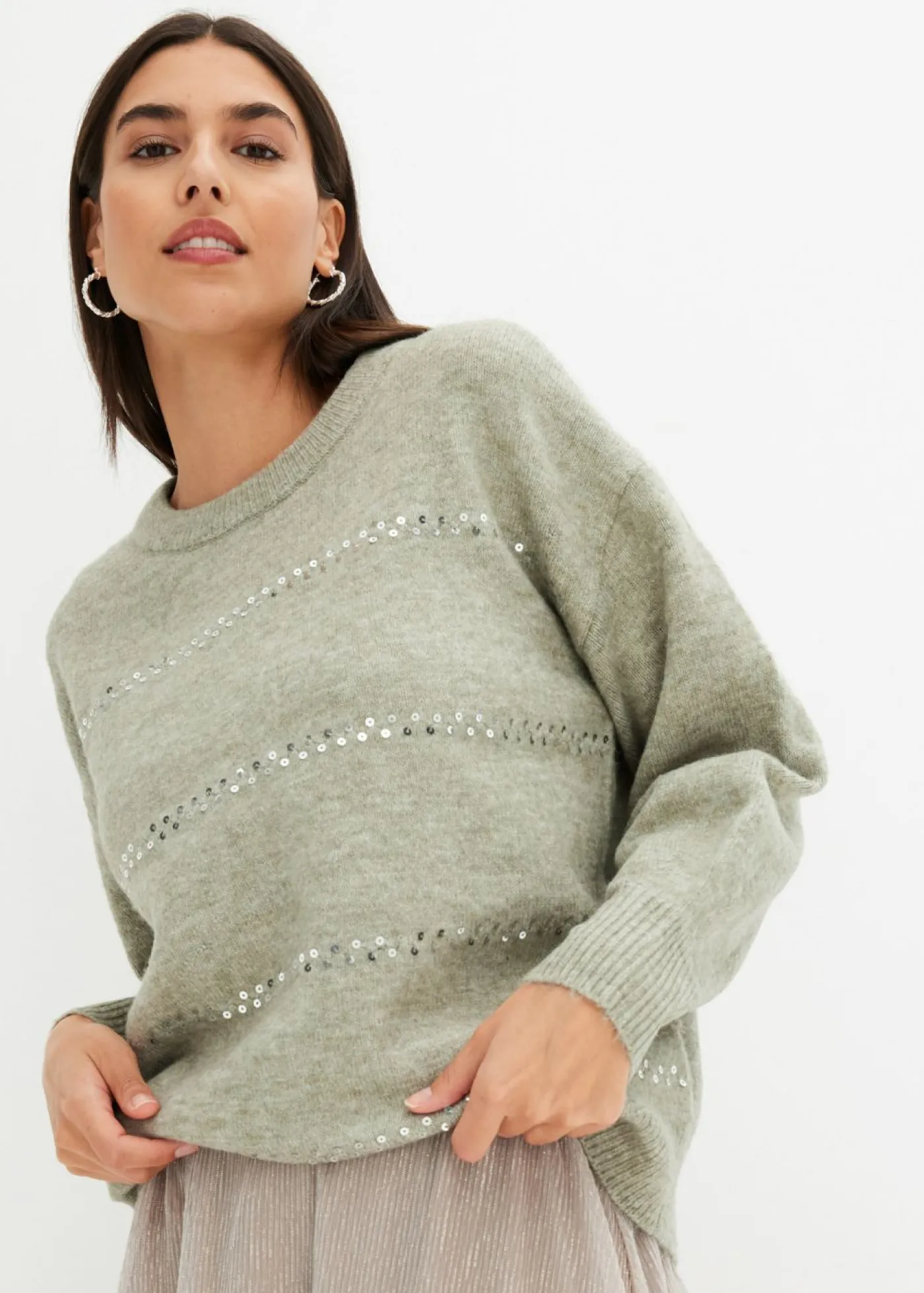 bonprix bonprix Jersey tipo boxy con lentejuelas verde alga moteado Hot