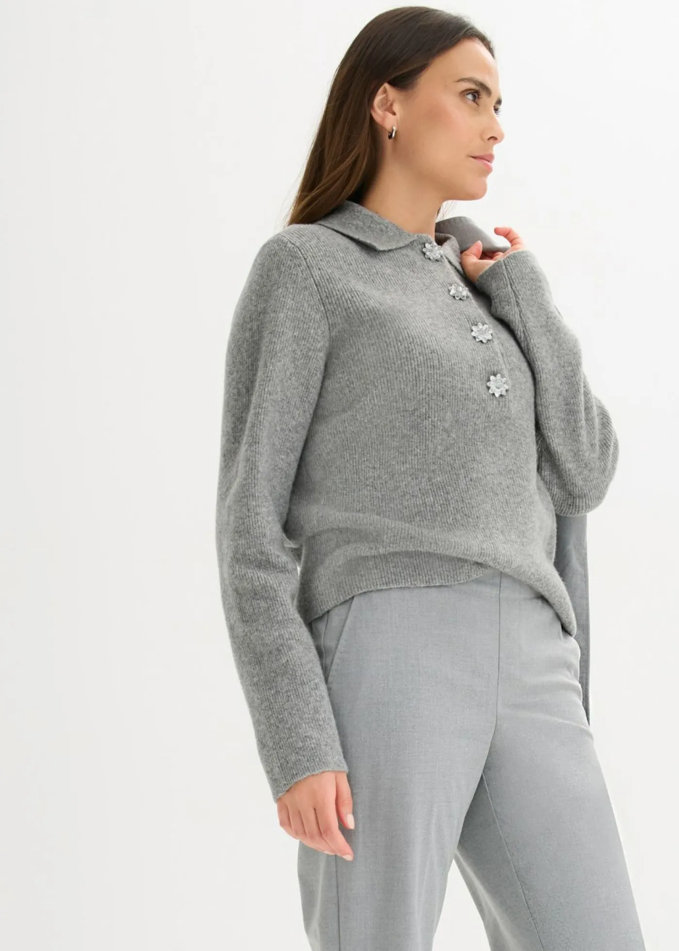 bonprix bonprix Jersey tipo polo con contenido de lana Gris jaspeado Sale