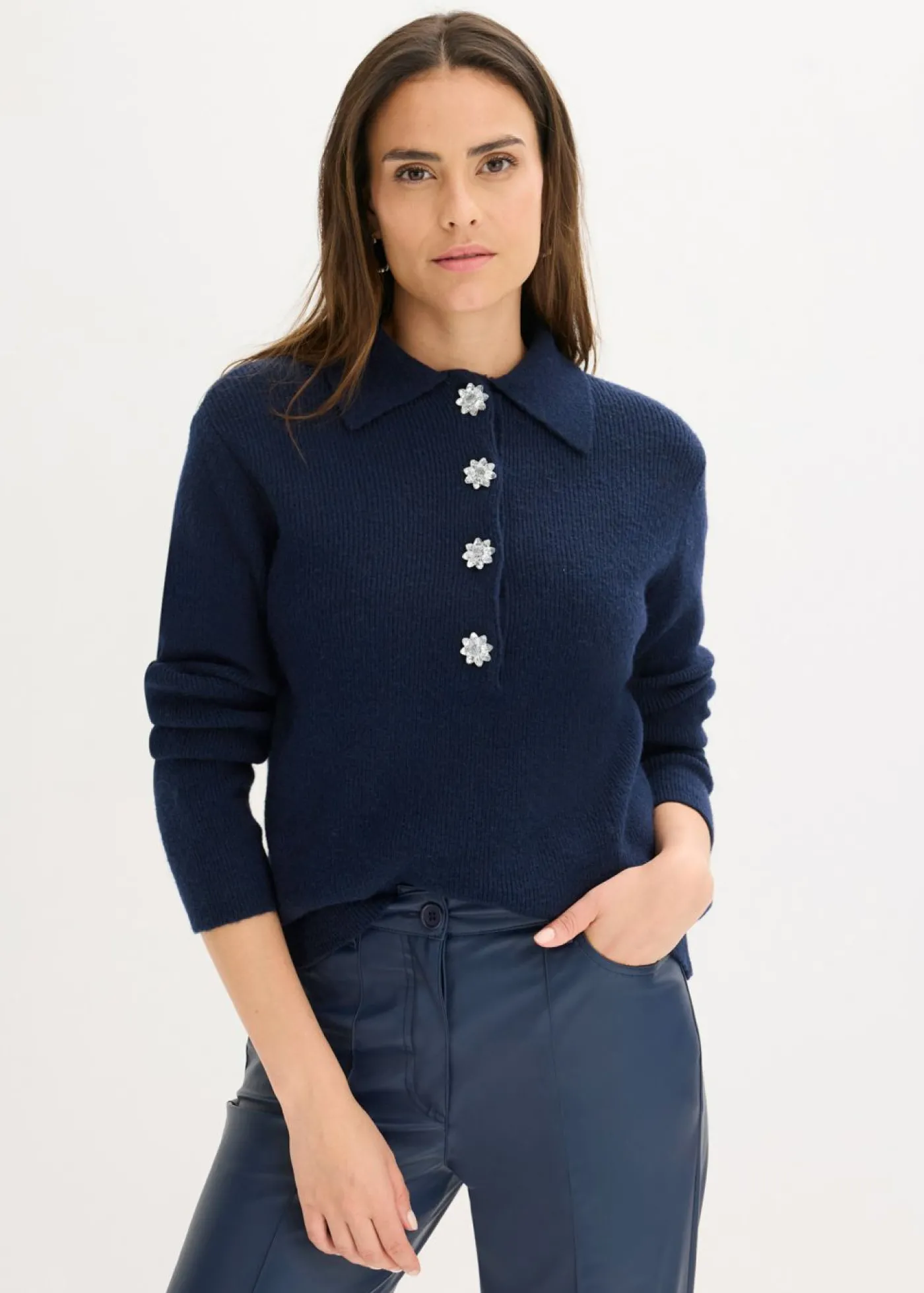 bonprix bonprix Jersey tipo polo con contenido de lana Azul marino Discount