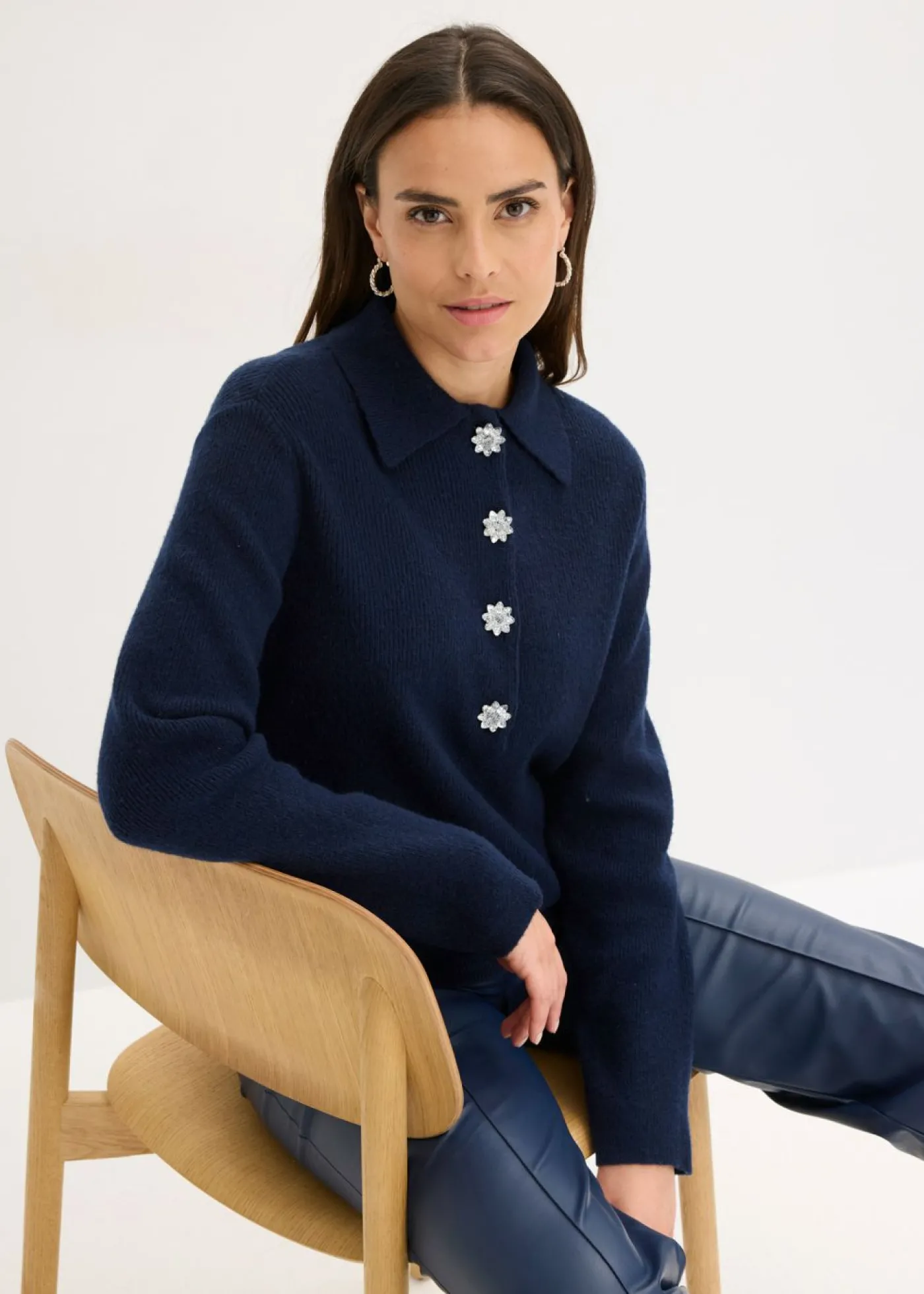 bonprix bonprix Jersey tipo polo con contenido de lana Azul marino Discount