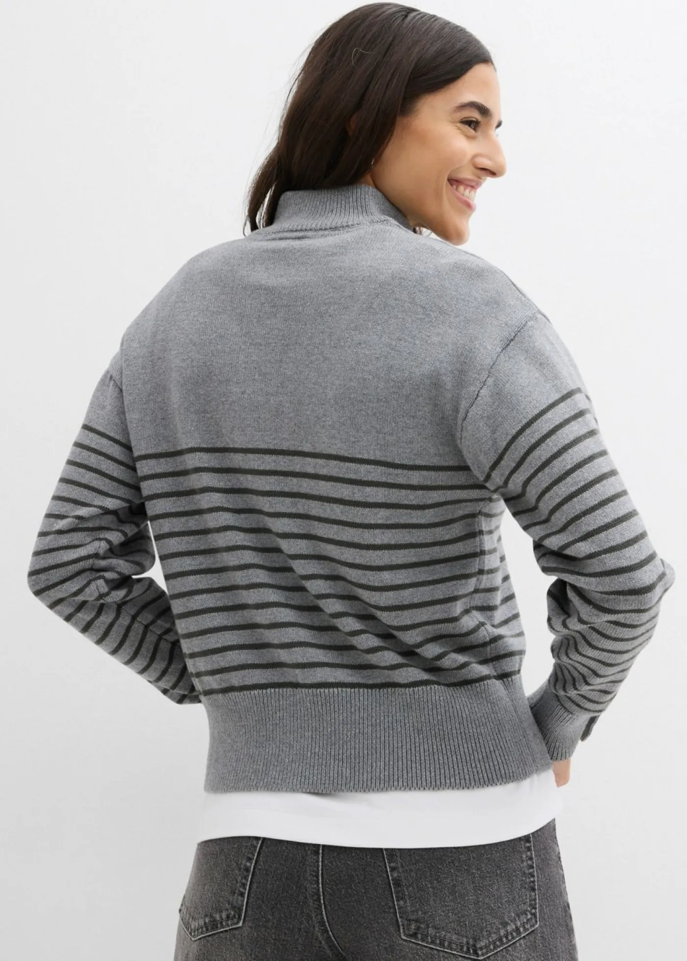bonprix bonprix Jersey tipo troyer gris jaspeado-antracita con rayas New