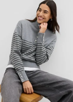 bonprix bonprix Jersey tipo troyer gris jaspeado-antracita con rayas New