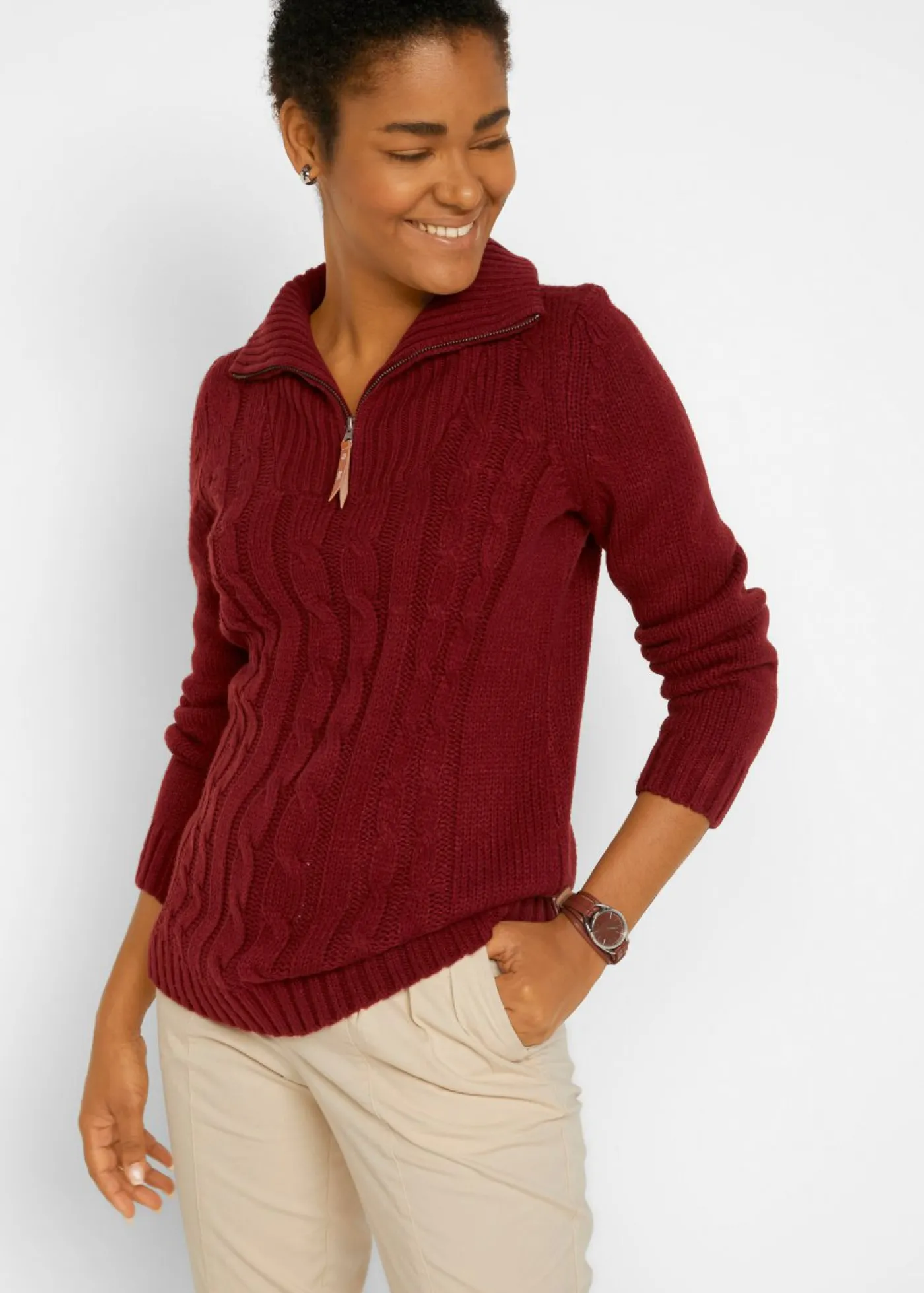 bonprix bonprix Jersey troyer con patrón trenzado rojo castaño New