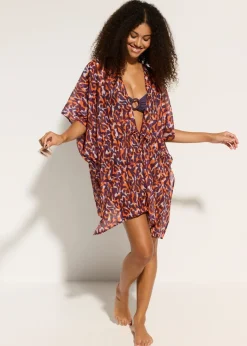bonprix bonprix Kimono de playa con detalle de cordón estampado leo púrpura-marrón claro Discount