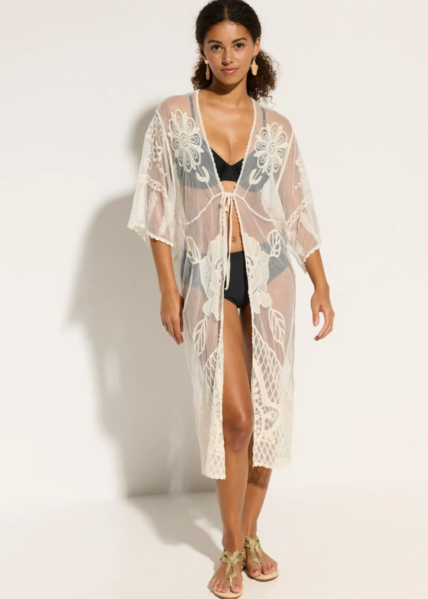 bonprix bonprix Kimono de playa transparente con encaje Beige Online