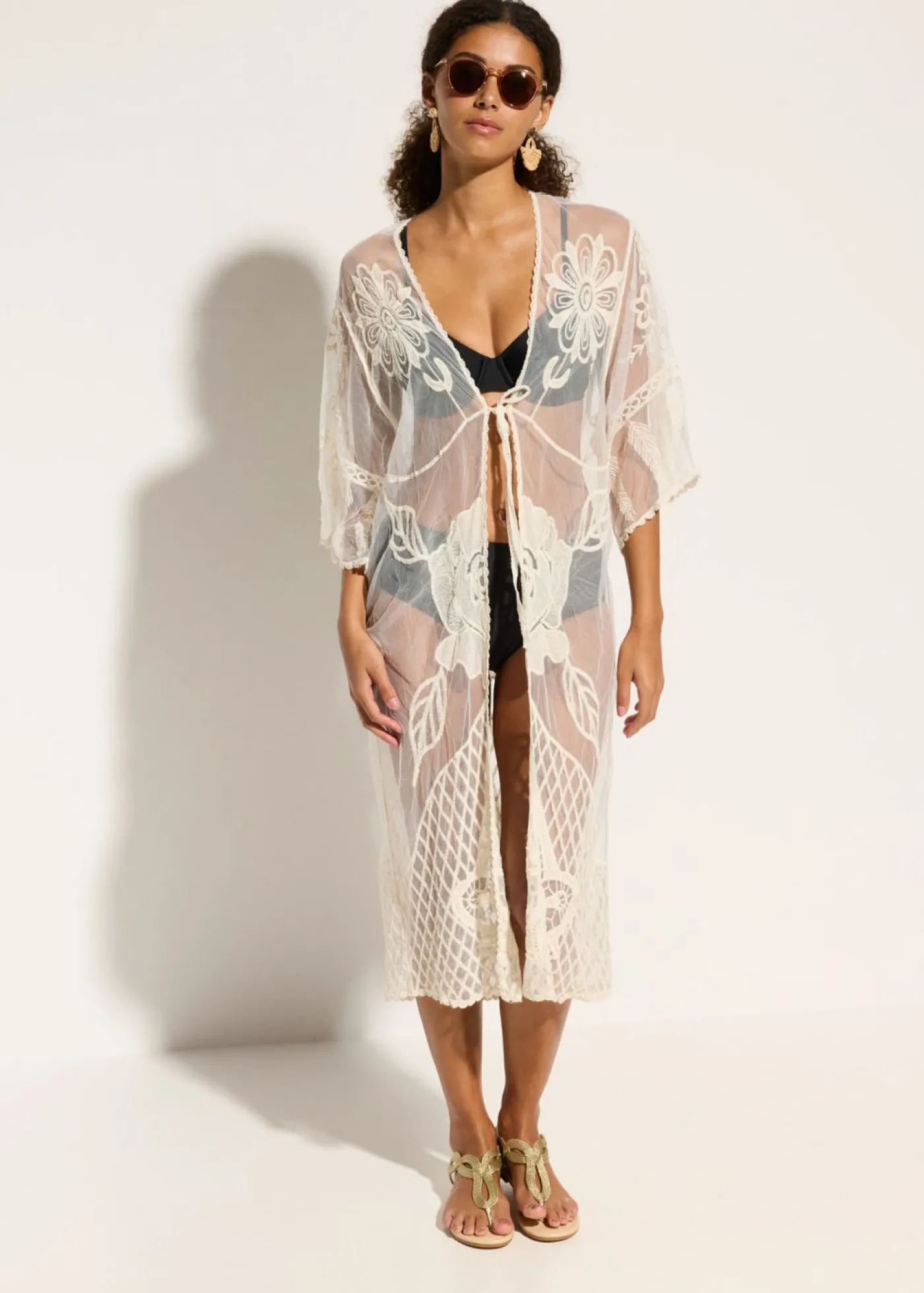 bonprix bonprix Kimono de playa transparente con encaje Beige Online