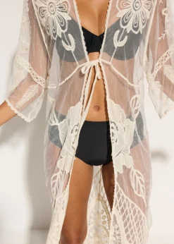 bonprix bonprix Kimono de playa transparente con encaje Beige Online