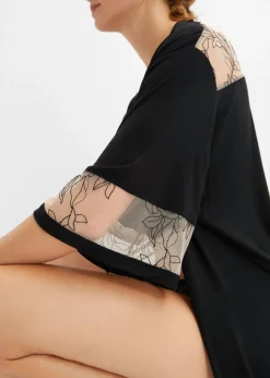bonprix bonprix Kimono largo de viscosa con bordado Negro + beige tiza Hot