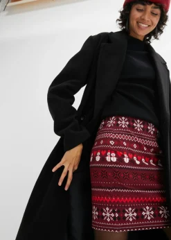 bonprix bonprix Minifalda con patrón noruego de mezcla de algodón y elastano Rojo avellana-fresa-negro-blanco lana con patrón nórdico Hot