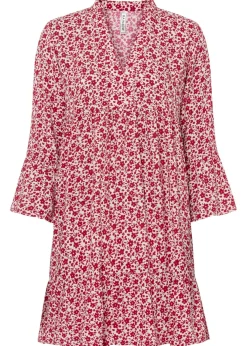 bonprix bonprix Minivestido de viscosa fluida con volantes Blanco-rojo de flores Online