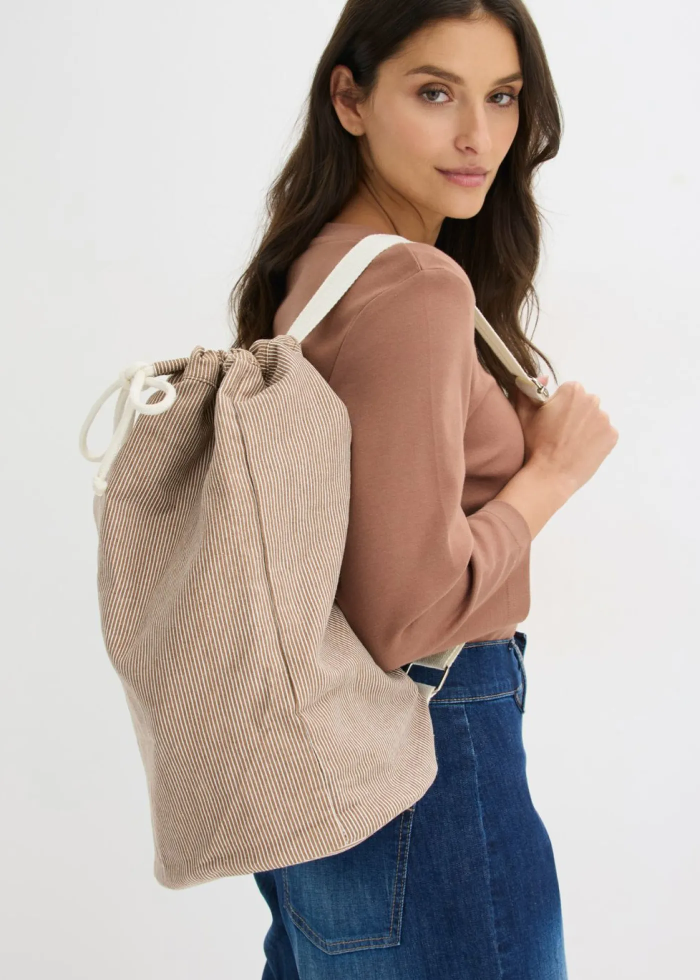 bonprix bonprix Mochila de lona con rayas marrón castaño-blanco perla Discount