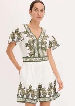 bonprix bonprix Mono con contenido de lino Blanco lana/verde oliva con patrón paisley Online