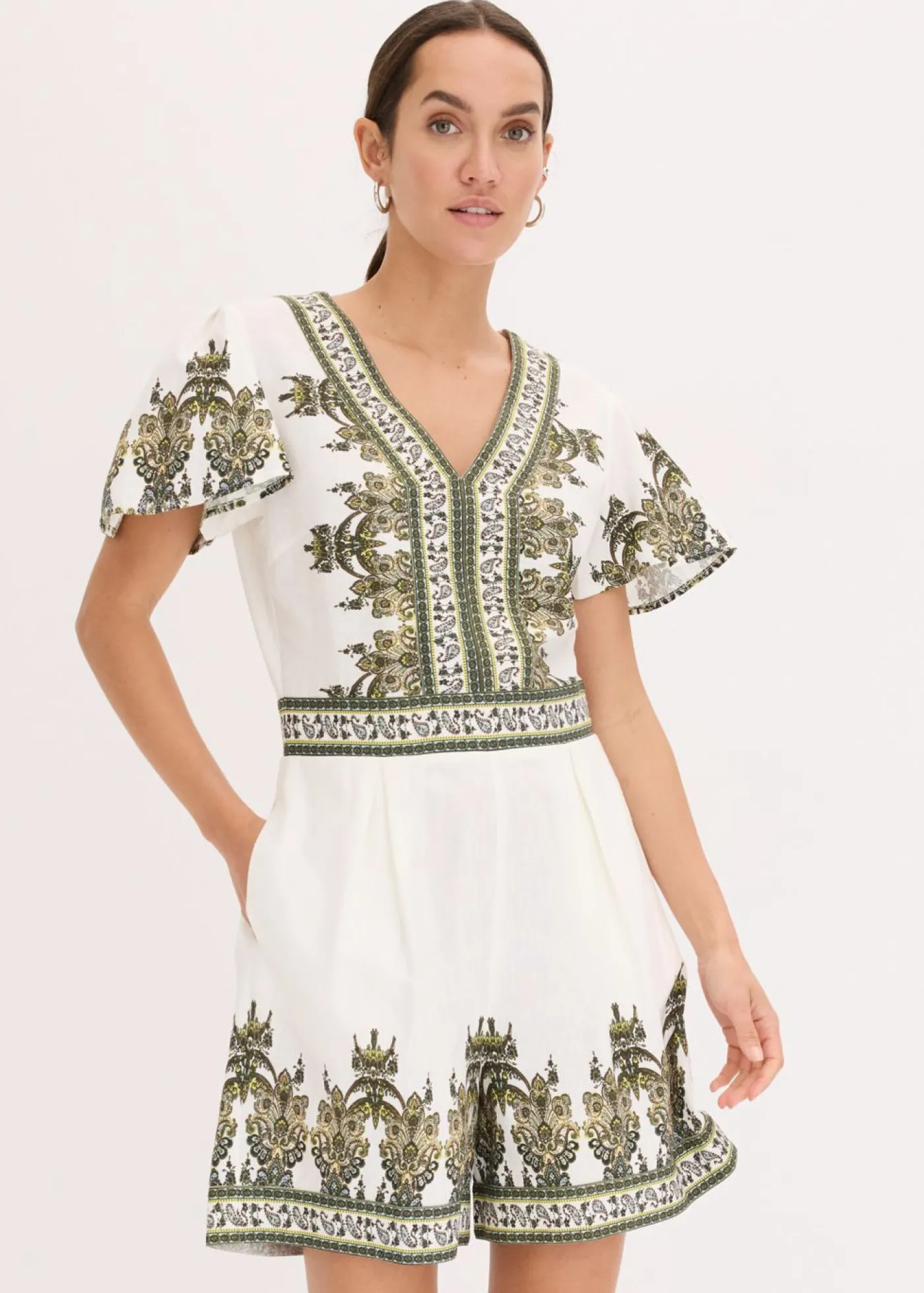bonprix bonprix Mono con contenido de lino Blanco lana/verde oliva con patrón paisley Online