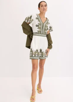 bonprix bonprix Mono con contenido de lino Blanco lana/verde oliva con patrón paisley Online
