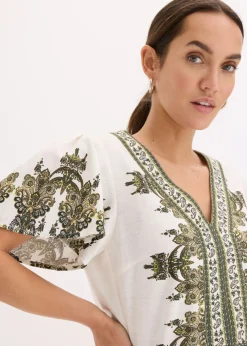 bonprix bonprix Mono con contenido de lino Blanco lana/verde oliva con patrón paisley Online