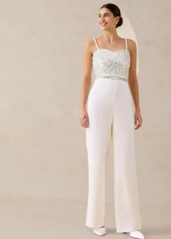 bonprix bonprix Mono de crepé estructurado con bordado de perlas Blanco lana Online