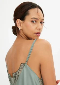 bonprix bonprix Negliglé de satén con bordado Verde-negro Hot