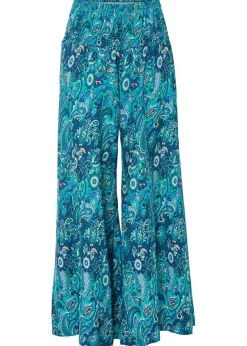 bonprix bonprix Pantalón ancho con cintura de nido de abeja esmeralda oscuro/azul provenzal Outlet