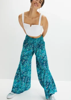 bonprix bonprix Pantalón ancho con cintura de nido de abeja esmeralda oscuro/azul provenzal Outlet