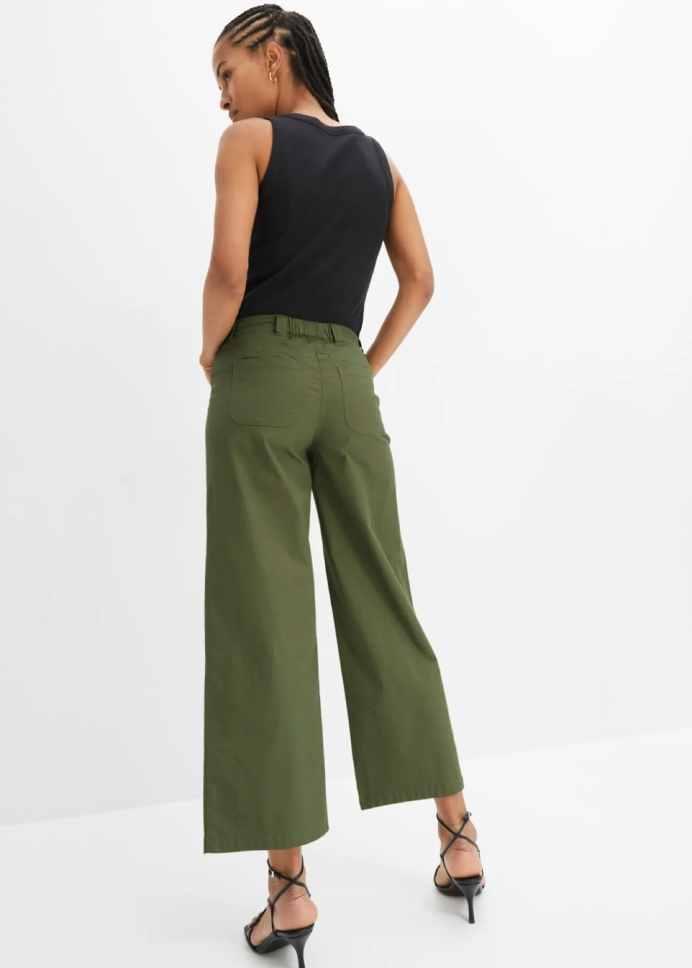 bonprix bonprix Pantalón ancho de cinturilla cómoda y talle alto Verde oliva New