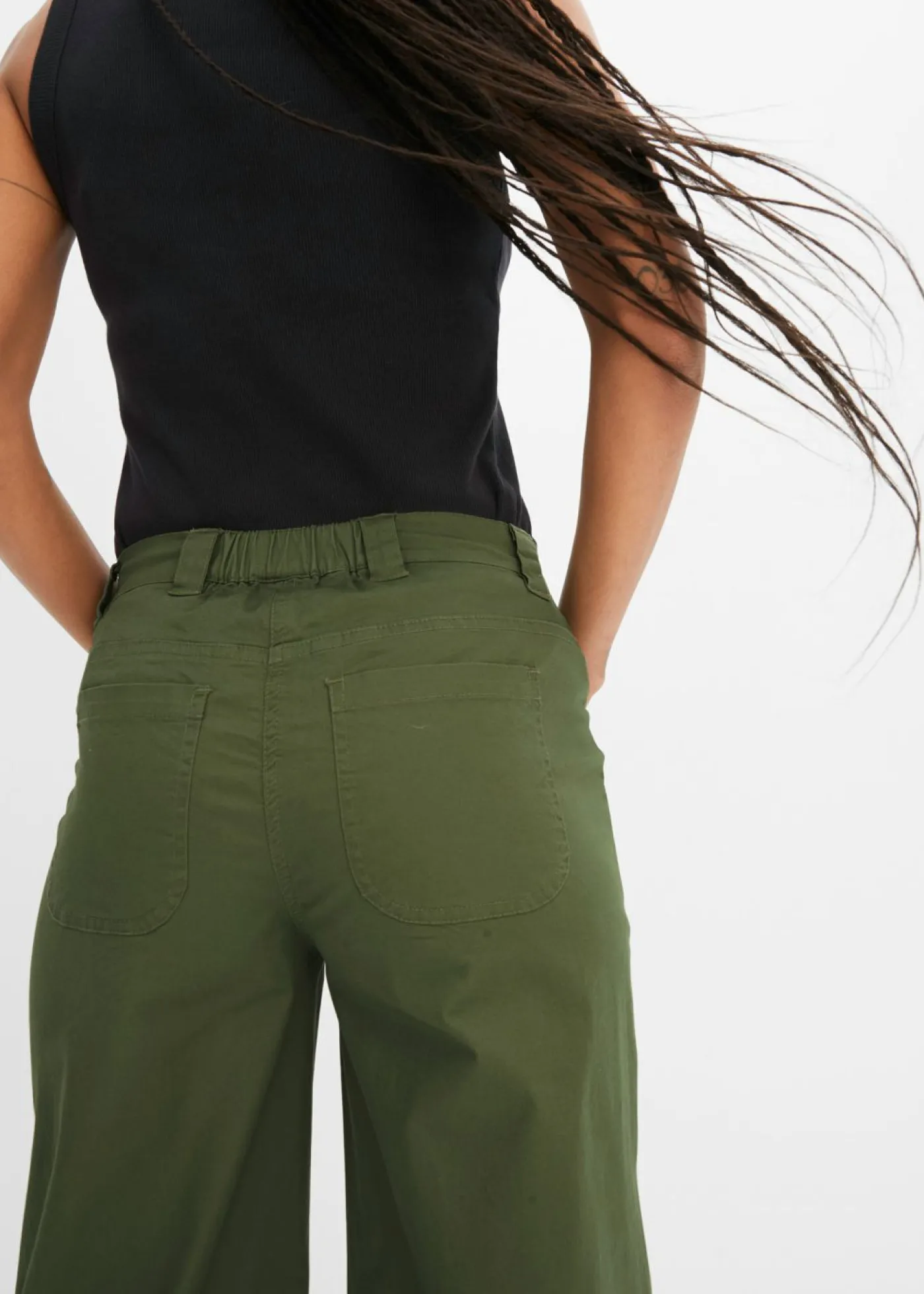 bonprix bonprix Pantalón ancho de cinturilla cómoda y talle alto Verde oliva New