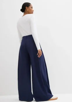 bonprix bonprix Pantalón ancho de mezcla de modal con pliegue lateral Azul marino Discount