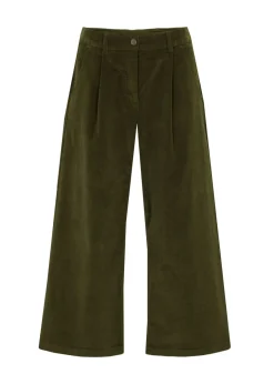 bonprix bonprix Pantalón ancho de pana elástica con cintura cómoda high waist, largo 7/8 Verde oliva oscuro Online