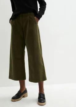 bonprix bonprix Pantalón ancho de pana elástica con cintura cómoda high waist, largo 7/8 Verde oliva oscuro Online
