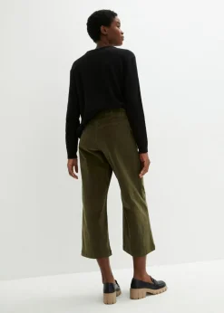 bonprix bonprix Pantalón ancho de pana elástica con cintura cómoda high waist, largo 7/8 Verde oliva oscuro Online