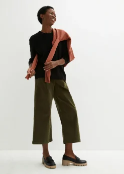 bonprix bonprix Pantalón ancho de pana elástica con cintura cómoda high waist, largo 7/8 Verde oliva oscuro Online