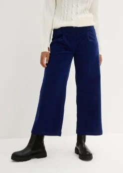 bonprix bonprix Pantalón ancho de pana elástica con cintura cómoda high waist, largo 7/8 Azul oxford Outlet