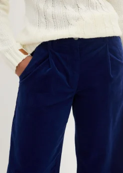 bonprix bonprix Pantalón ancho de pana elástica con cintura cómoda high waist, largo 7/8 Azul oxford Outlet