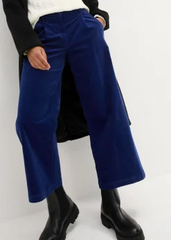 bonprix bonprix Pantalón ancho de pana elástica con cintura cómoda high waist, largo 7/8 Azul oxford Outlet