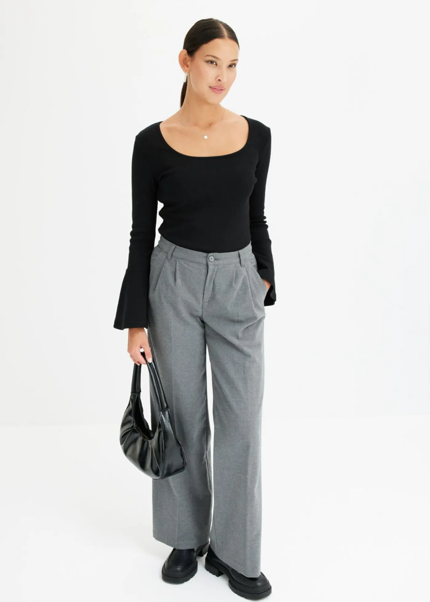 bonprix bonprix Pantalón ancho de pliegues Gris jaspeado