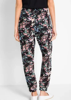 bonprix bonprix Pantalón bombacho de mezcla de viscosa Negro con flores Clearance