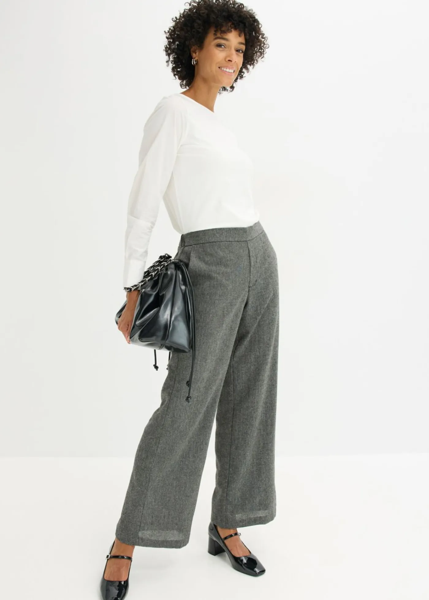 bonprix bonprix Pantalón bootcut de estilo tweed Negro-blanco lana moteado Online