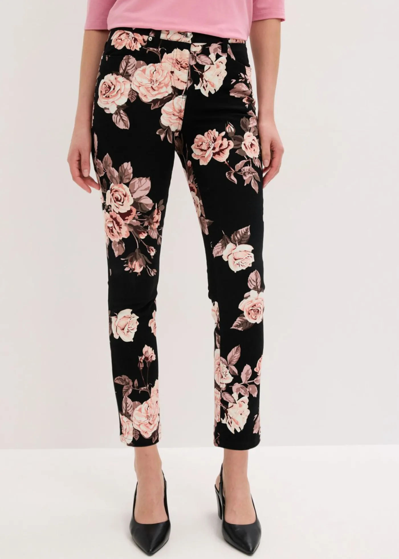 bonprix bonprix Pantalón capri elástico de algodón negro - rosa pálido