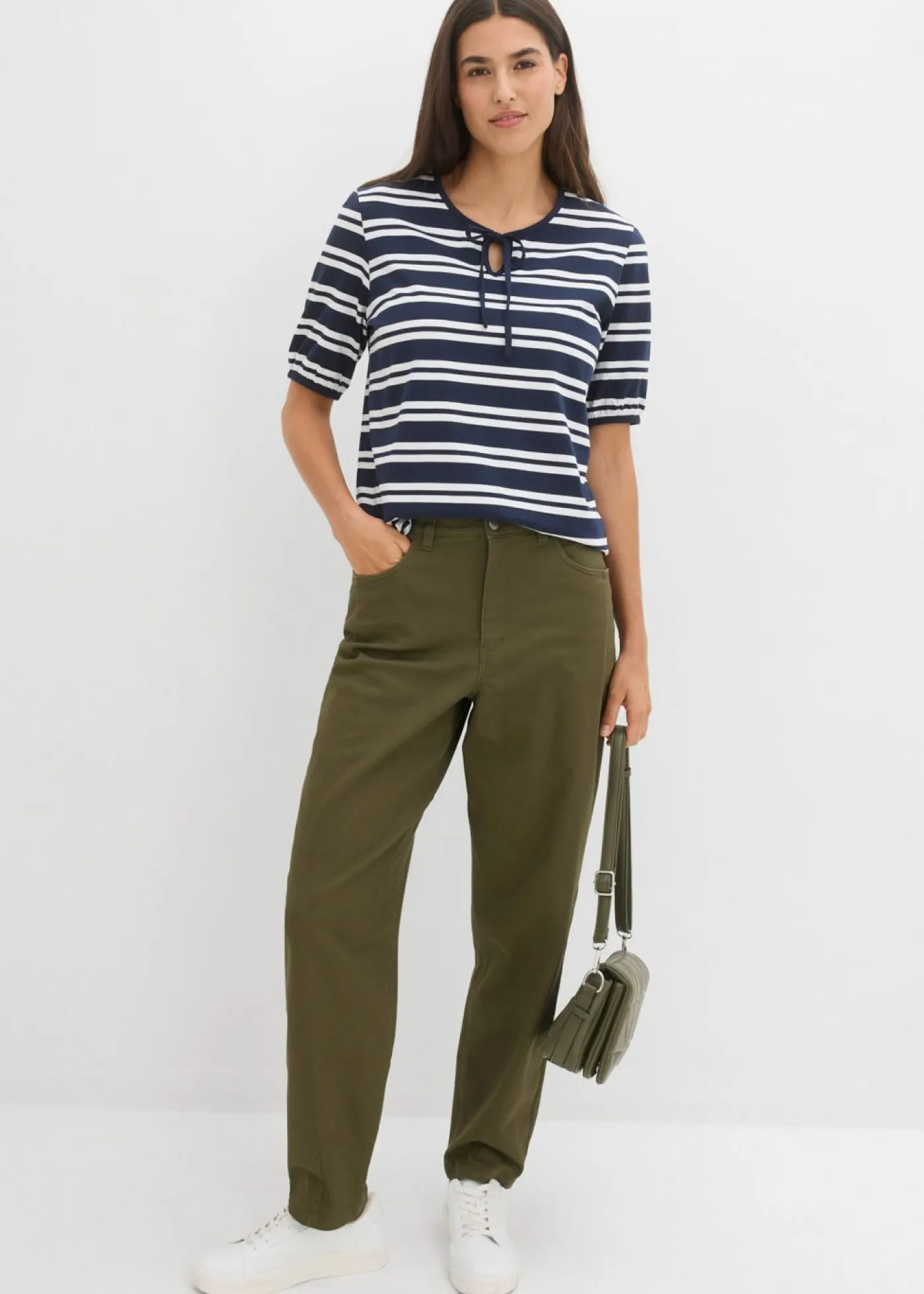 bonprix bonprix Pantalón con cinturilla cómoda y corte barrel Verde oliva oscuro Sale