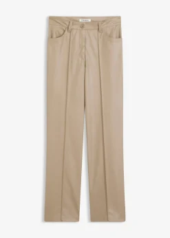 bonprix bonprix Pantalón con pernera recta de piel sintética con ribete Marrón grisáceo Clearance