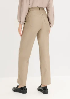 bonprix bonprix Pantalón con pernera recta de piel sintética con ribete Marrón grisáceo Clearance
