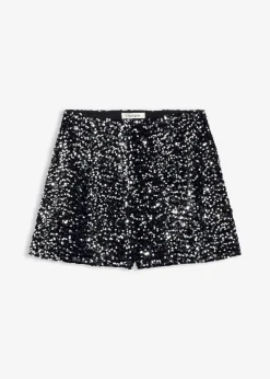 bonprix bonprix Pantalón corto de lentejuelas Negro-plata Sale
