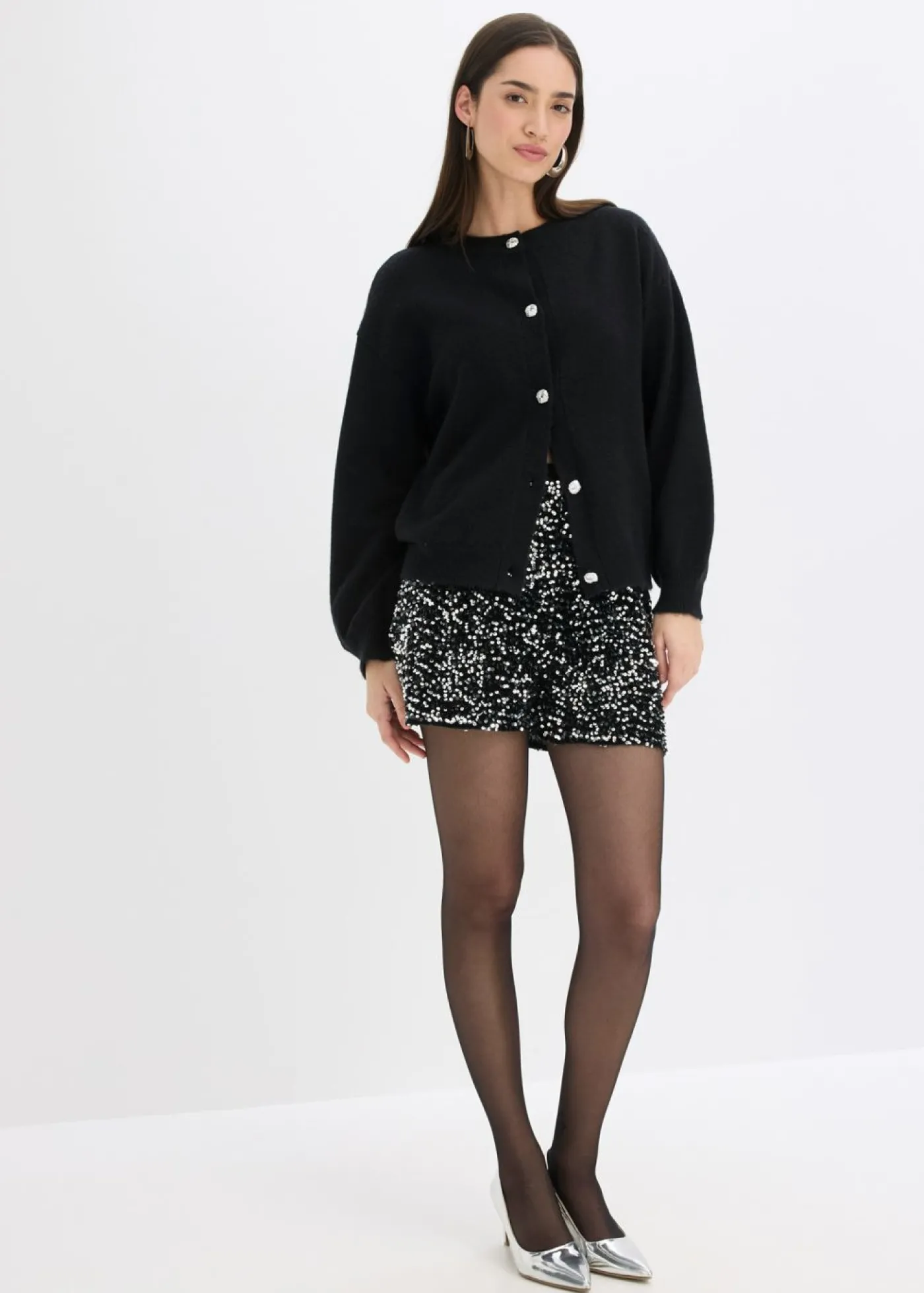 bonprix bonprix Pantalón corto de lentejuelas Negro-plata Sale