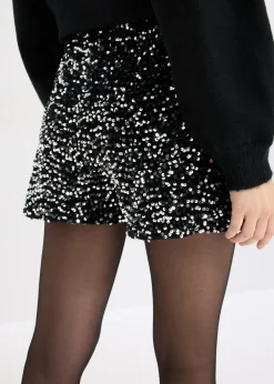 bonprix bonprix Pantalón corto de lentejuelas Negro-plata Sale